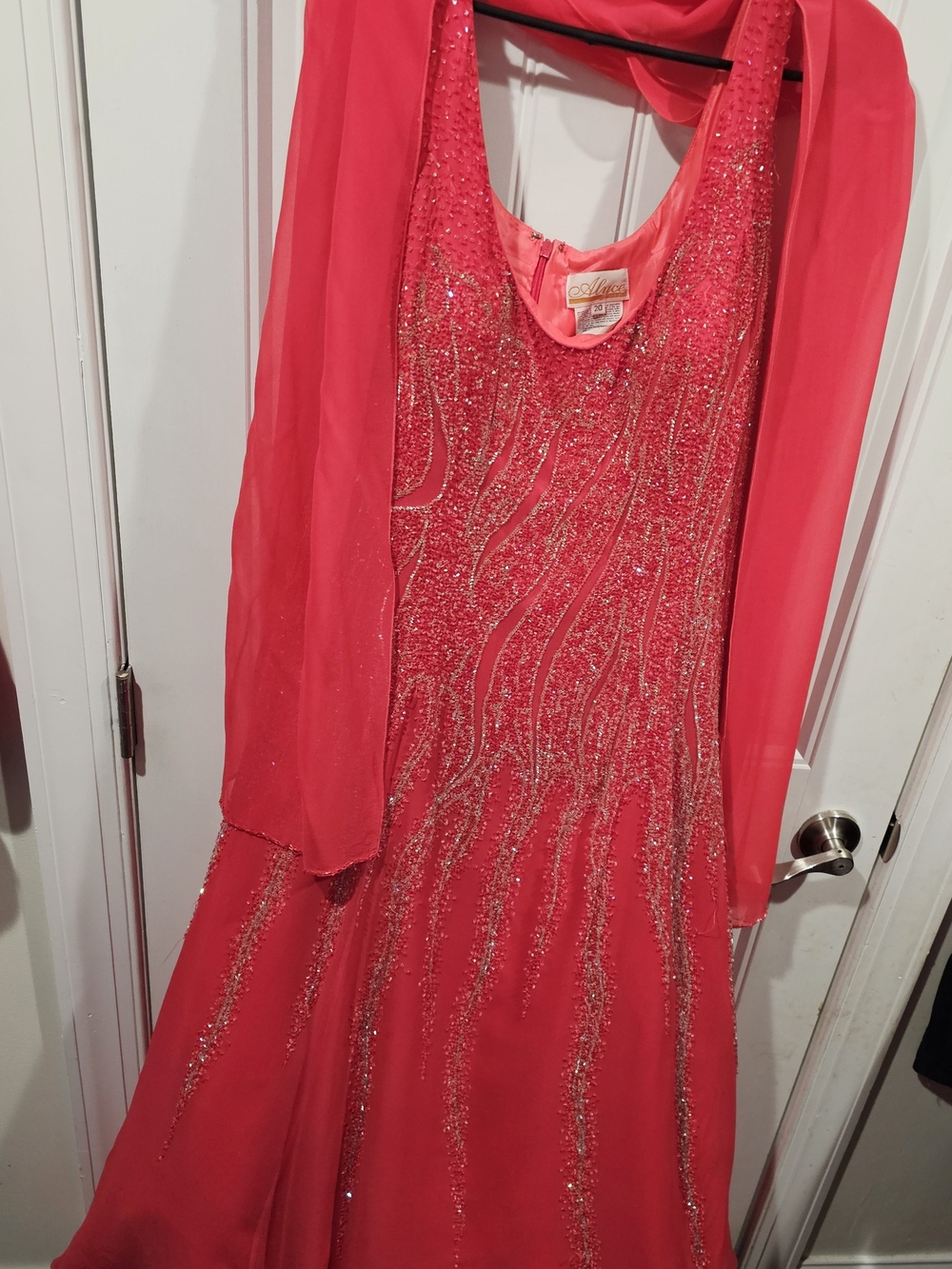 Red Beaded Evening Gown with Sheer Shawl